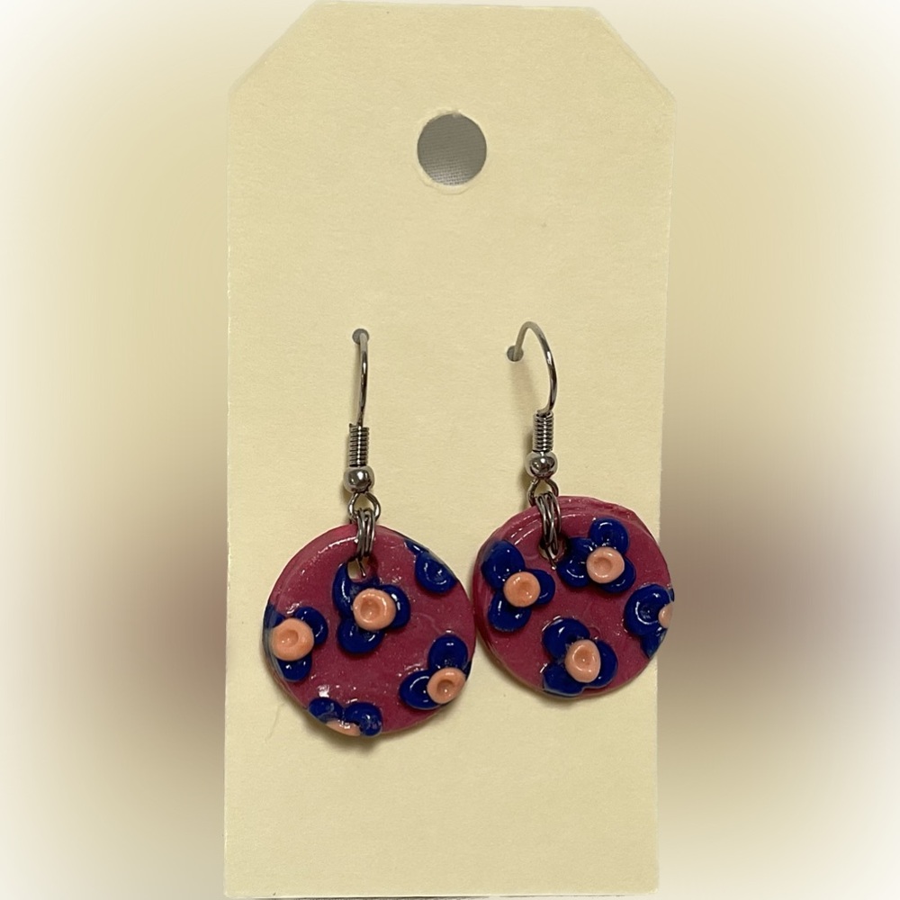 Hand Crafted Floral Clay Earrings Mauve Navy Blue Orange Flowers